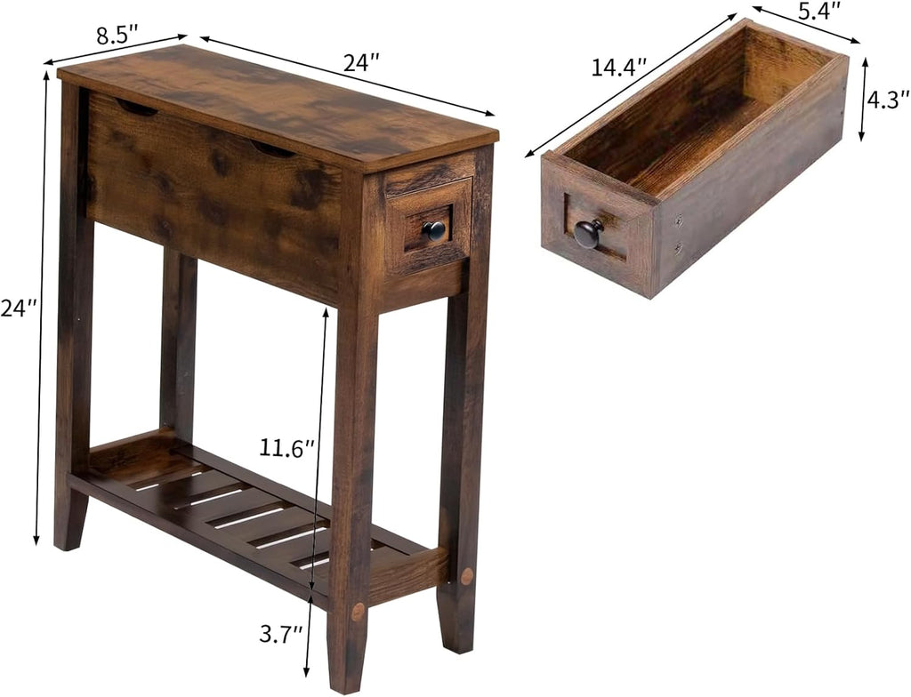 Chairside Table with Charger,Cherry End Table with Movable Top and Charging Station, Narrow Side Table with Storage Cabinet and USB, Sofa Table for Living Room Bedroom