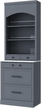 Merax Modern 83.7inch Freestanding Kitchen Hutch with Faux Marble Top, Kitchen Pantry with 5 Storage Drawers and Adjustable Shelf, Gray