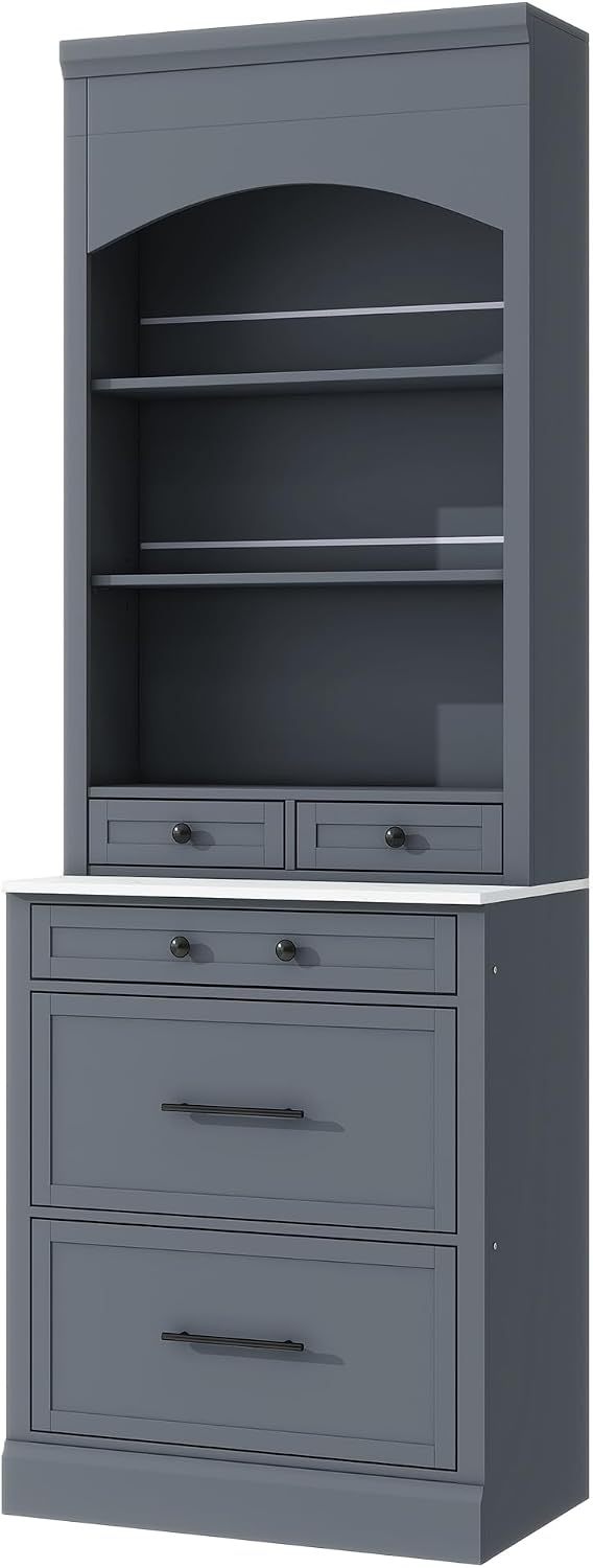 Merax Modern 83.7inch Freestanding Kitchen Hutch with Faux Marble Top, Kitchen Pantry with 5 Storage Drawers and Adjustable Shelf, Gray