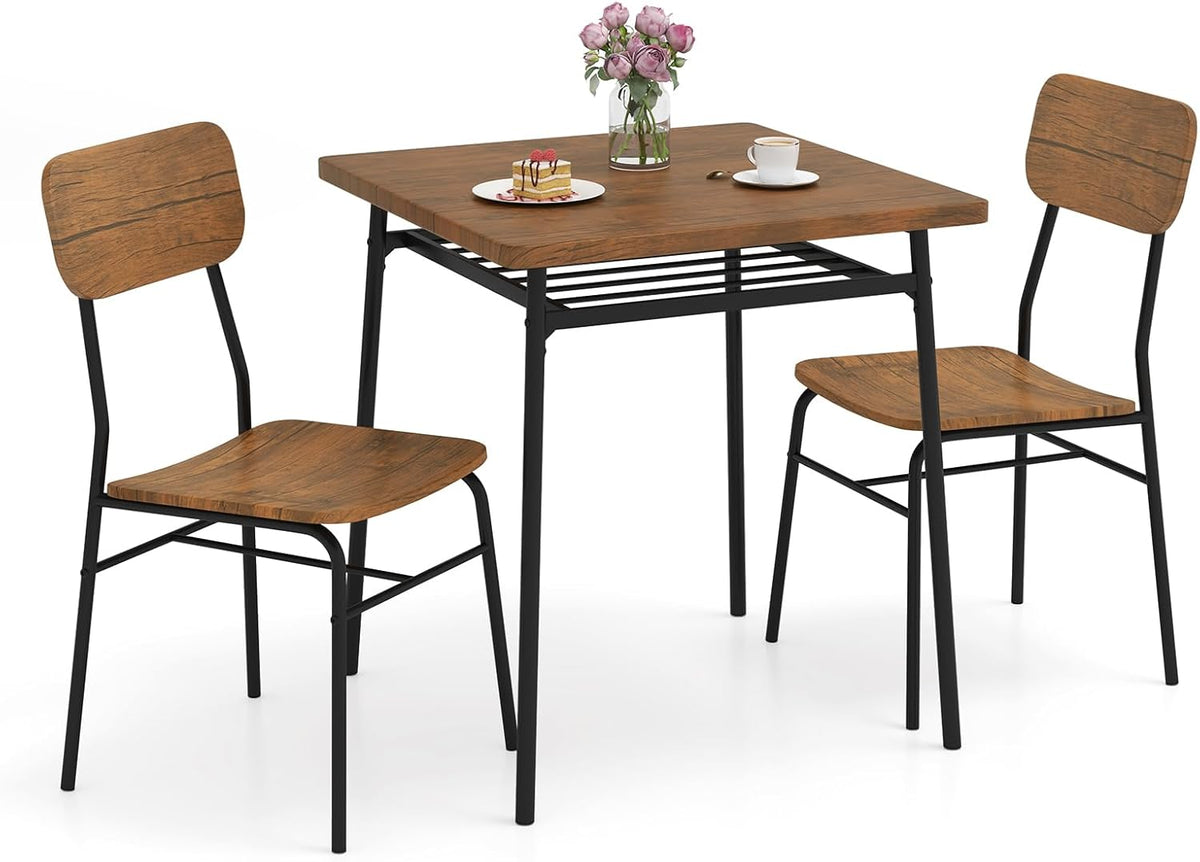 Giantex 3-Piece Dining Table Set, Kitchen Table Chairs Set with Dinner Table, Storage Rack, Metal Frame, Space-Saving Dinette Set for Breakfast Nook, Small Places, Restaurant, Dining Room Set for 2