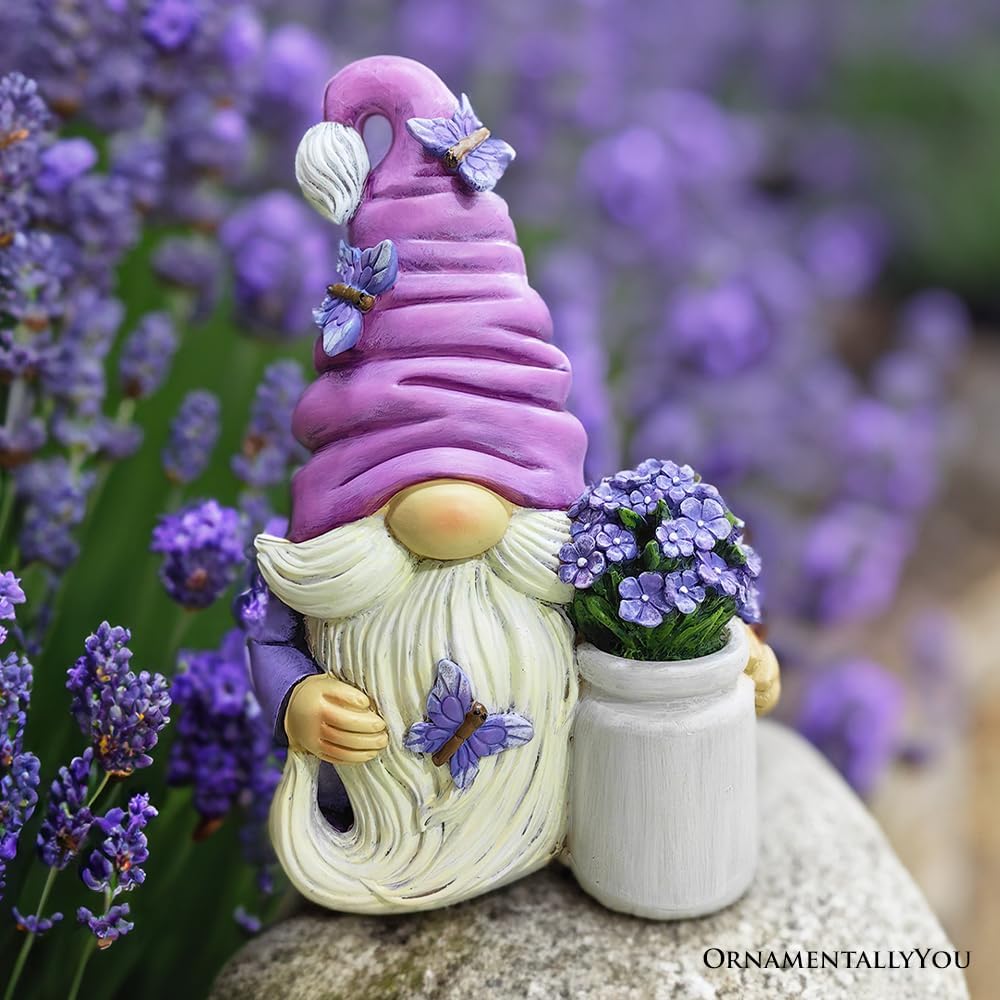 OrnamentallyYou Garden Grace Lavender Gnome Figurine, 10" Purple Home Decor Statue with Butterflies and Flowers