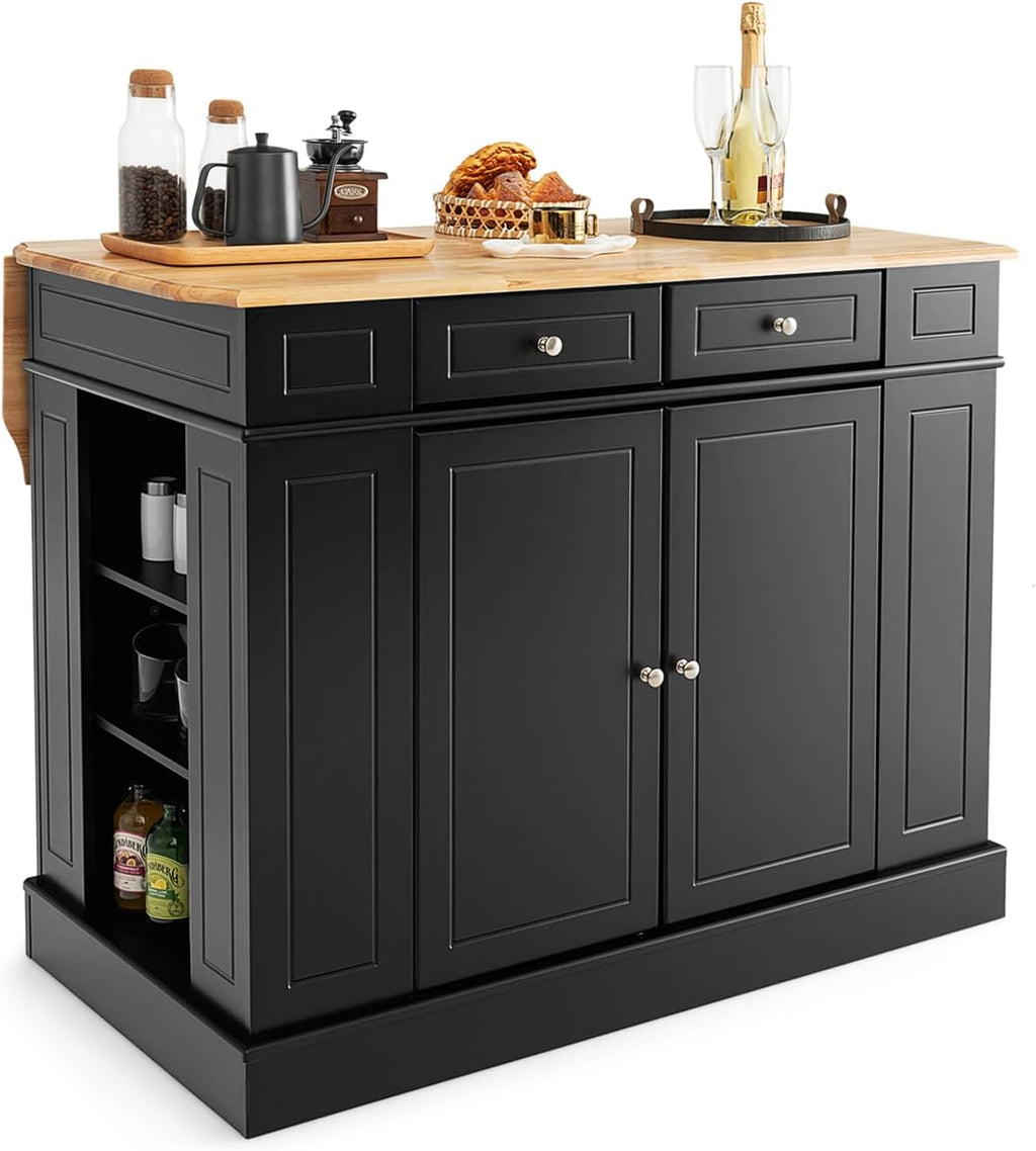 TANGZON Large Kitchen Island, Kitchen Sideboard with Extendable Rubber Wood Worktop, Drawers, Adjustable Shelves & Side Racks, Living Dining Room Cabinet Cupboard (Black Body)