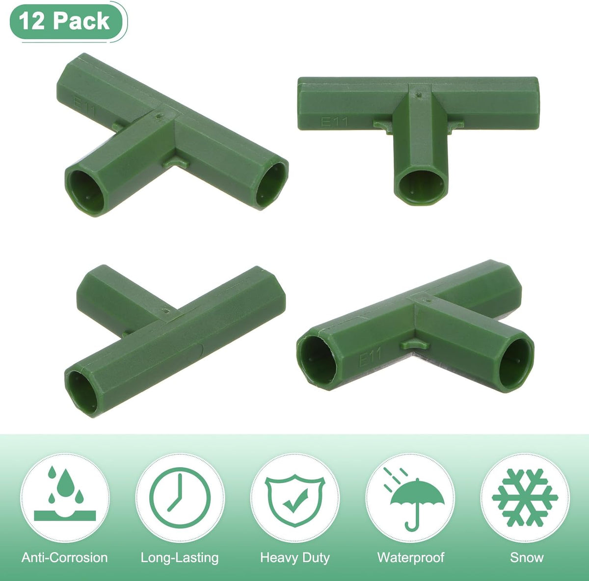 12 Pcs 11mm Greenhouse Frame Building Connectors, 3 Way Flat Pipe Fitting for Grape Trellis/Sunscreen Shed/Gardening Plant Stakes, Greenhouse Accessories [Green]