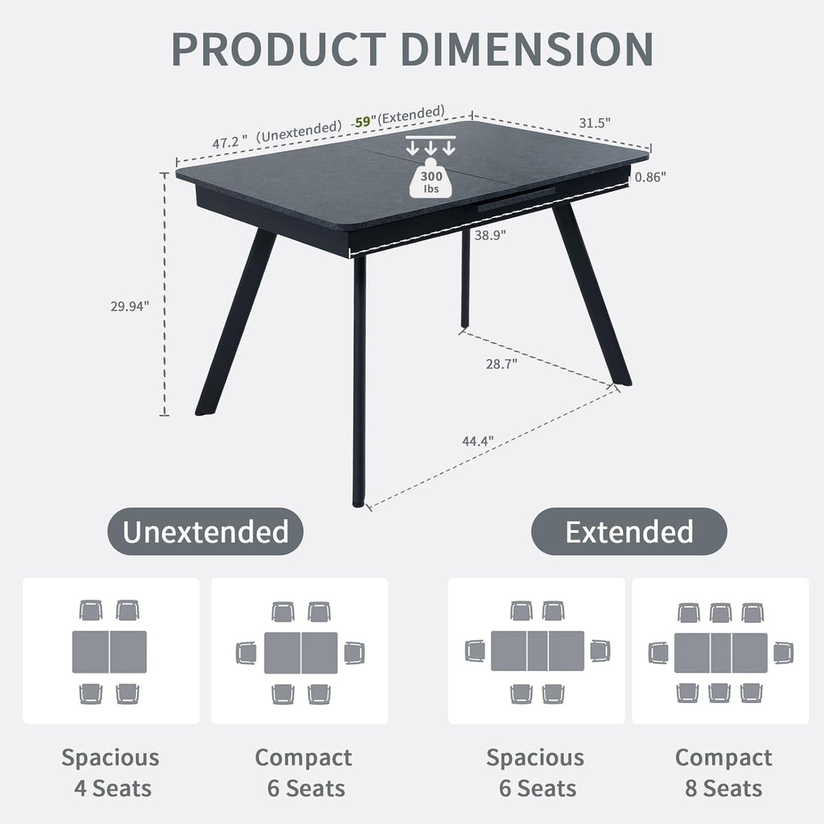 Extendable Dining Table 47-59 Inch - Space-Saving Slide-Out Design, Black Lava MDF Top for 4-8 People, Perfect for Dining Room, Apartment & Home Office