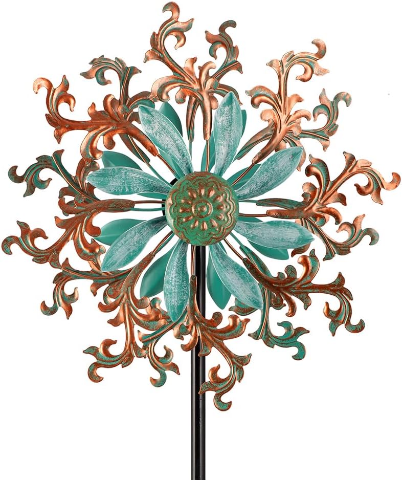 Viveta Wind Spinners Outdoor, Metal Wind Sculptures for Yard and Garden,13 * 57 "Double Windmill with Stable Stake