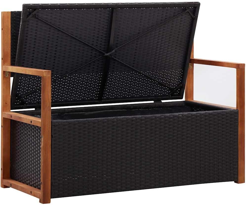 Poly Rattan Outdoor Storage Bench with Solid Acacia Wood Armrests and Backrest, Large Hidden Storage Space, Thick Removable Seat Cushion, Black