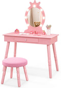 HONEY JOY Kids Vanity with Lights, Princess Wooden Makeup Table & Stool with Drawer, 3-Color LED Lights, Toddler Dressing Vanity for Little Girls, Pretend Play Kids Vanity Table and Chair Set (Pink)