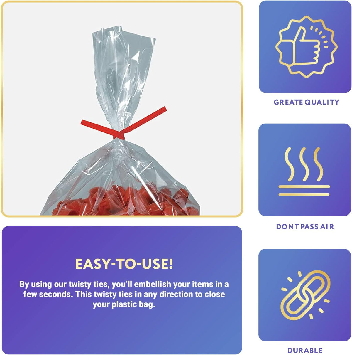 APQ Red Metallic Twist Ties for Bags, 6 inches. 2000 Pack Plastic-Coated Bread Twist Ties for Treat Bags. Reusable Bread Ties. Light Metallic Twist Tie. Heavy-Duty Twisty Ties for Bags