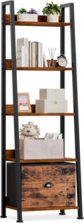 Furologee 5-Tier Ladder Shelf, Ladder Bookshelf with Removable Drawer, Rustic Bookcase Storage Rack Organizer, Wood Metal Freestanding Storage Shelf for Living Room, Home Office, Bedroom, Balcony