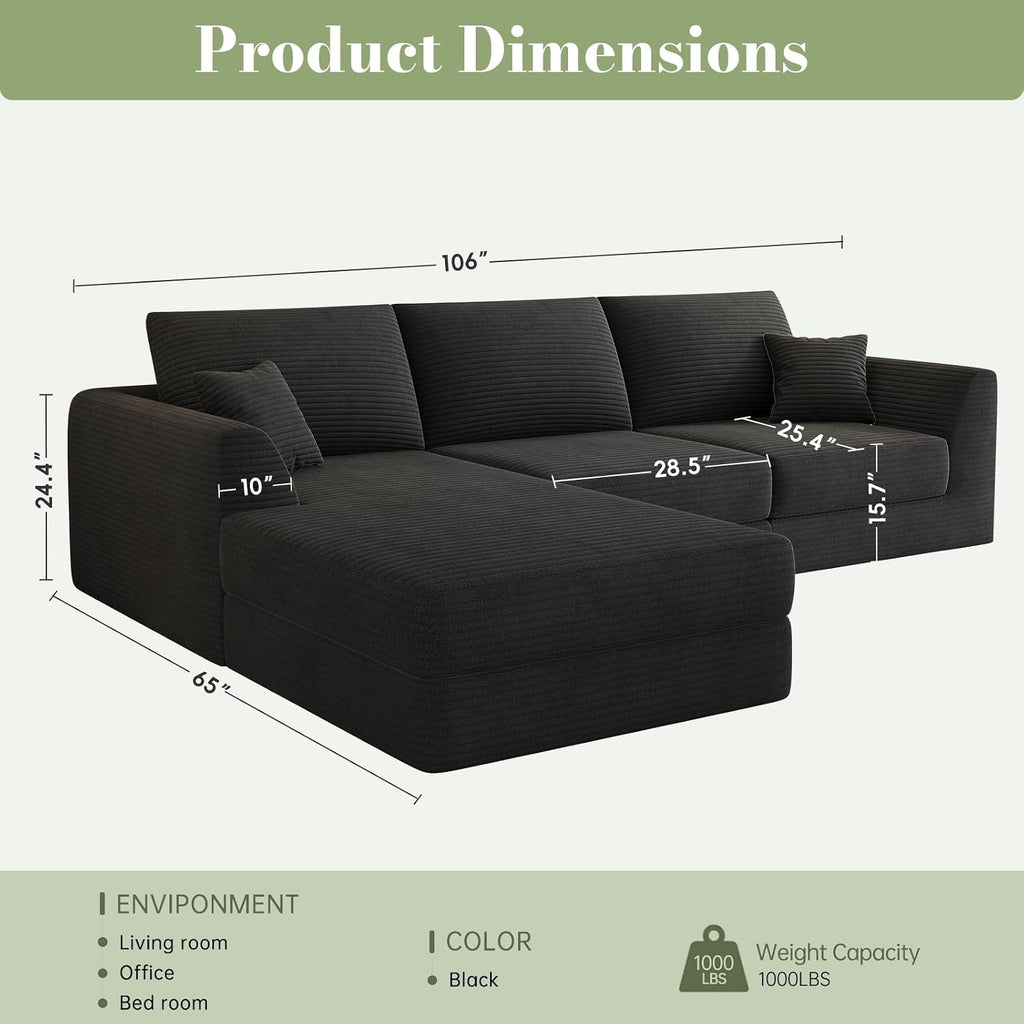106" Modular Sectional Sofa with Deep Seat, L-Shaped Corduroy Couch with Reversible Chaise, 3-Piece Set for Living Room Bedroom Apartment, No Assembly Required