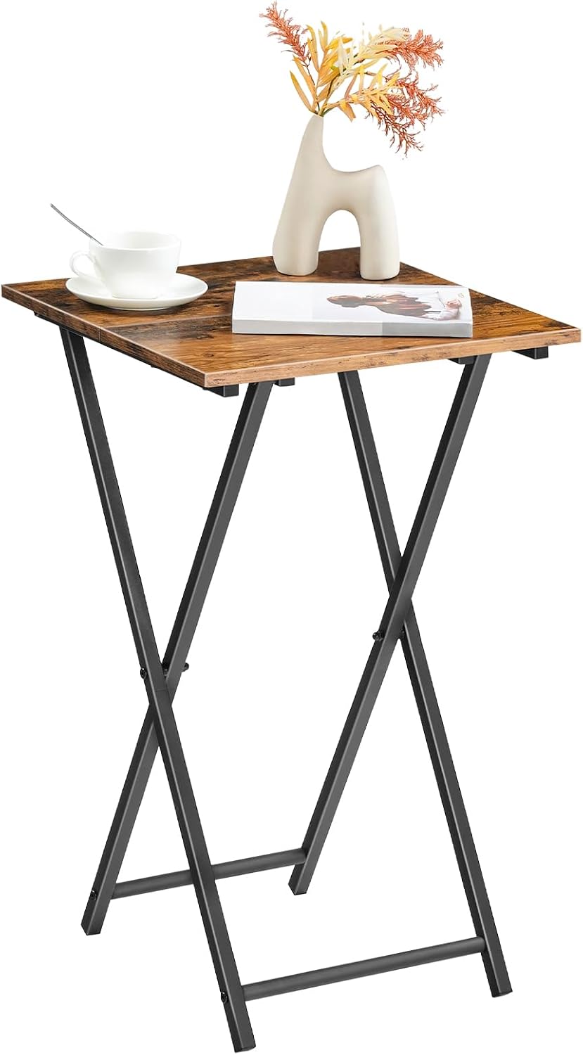 HOOBRO Folding TV Tray Table, Wooden TV Tray, Portable Sofa Side Table, Industrial Snack Table End Table for Small Spaces, Space-Saving, Easy to Install and Fold, Rustic Brown and Black BF27BZ01