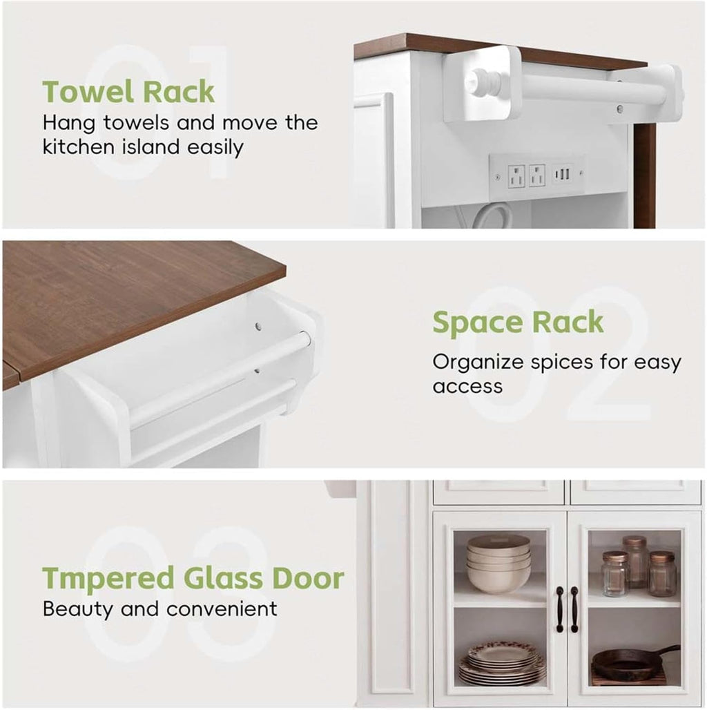 Kitchen Table with Storage with Internal Storage Rack, Power Outlet and Open Shelves, Moveable Kitchen Island with Spice Rack, for Kitchen, Dining