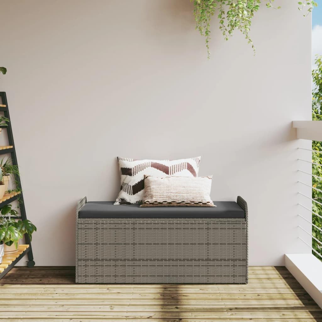 Outdoor Storage Bench with Cushion 45.3 Inch Grey Poly Rattan Patio Furniture Box Seat with Gas Spring Lid for Garden Pool Supplies