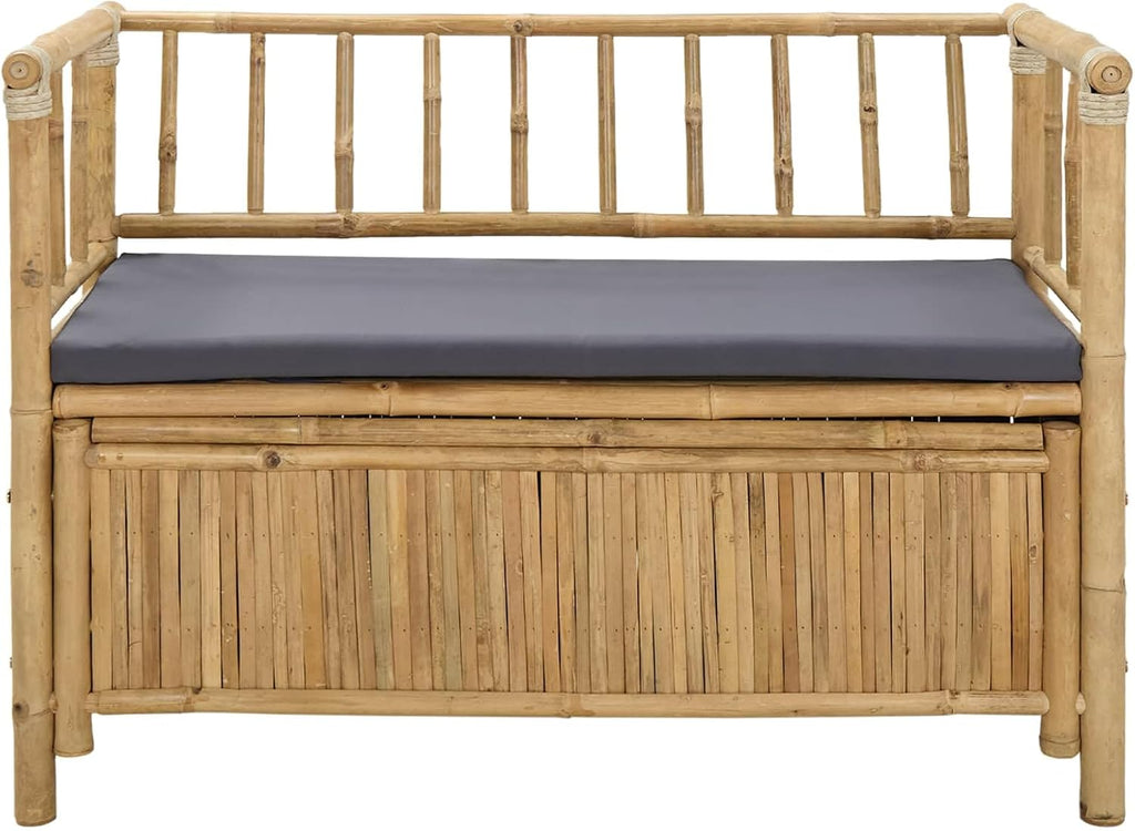 Natural Bamboo Garden Storage Bench 110x47x80 cm, Outdoor Patio Seat with Hidden Storage Compartment, Post Leg Design for Modern or Rustic Decor, Easy Assembly Required