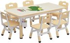 Jojoka Natural Wood Kids Table & 6 Chairs Set – with Storage Box | for ages 2-10, Built-in storage box, Graffiti desktop for creative play, Non-slip legs for safety.