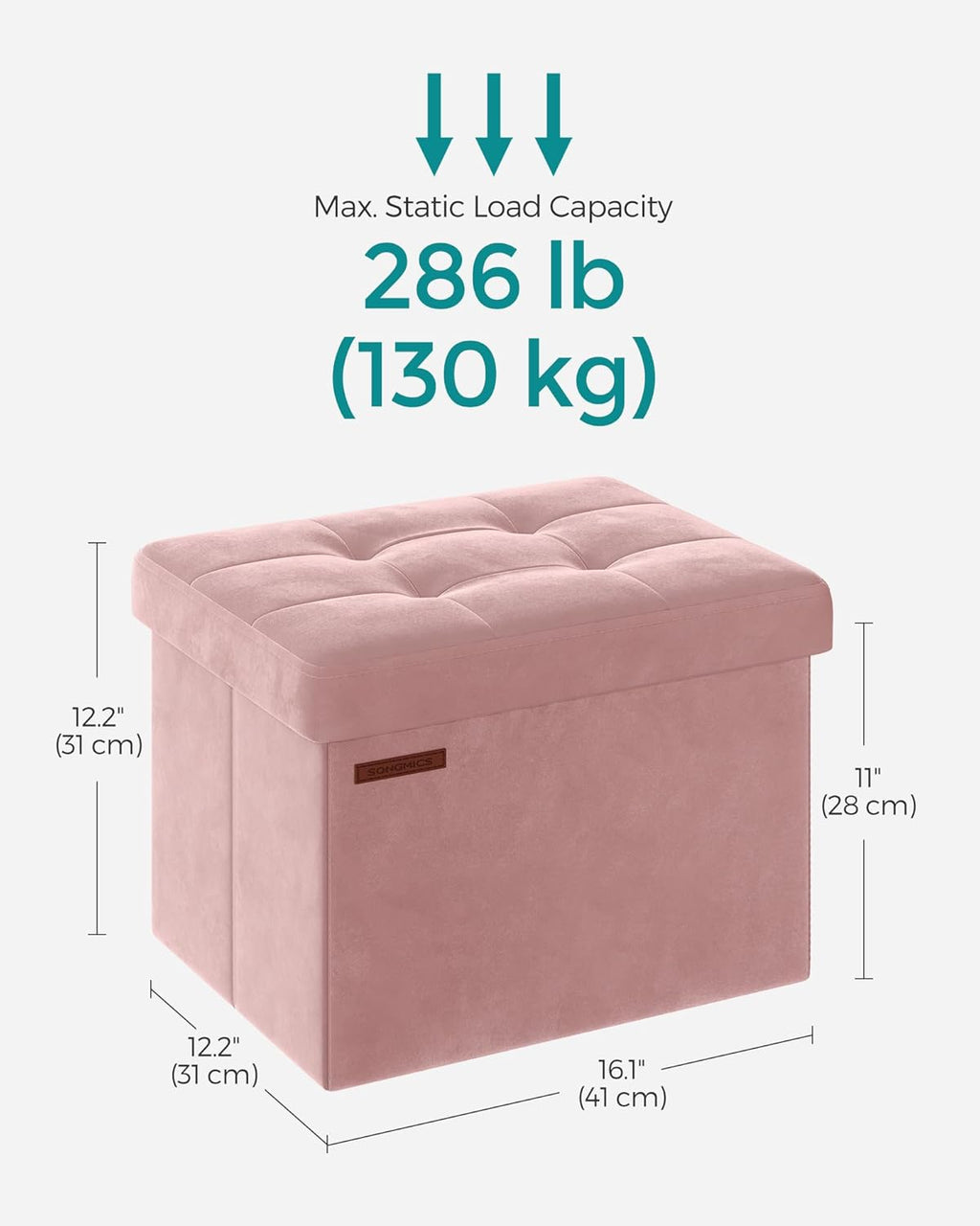 SONGMICS Storage Ottoman, Foldable Small Ottoman Foot Rest, 12.2 x 16.1 Inches Foot Stool, Load up to 286 lb, for Living Room, Bedroom, Dorm, Jelly Pink ULSF200R01
