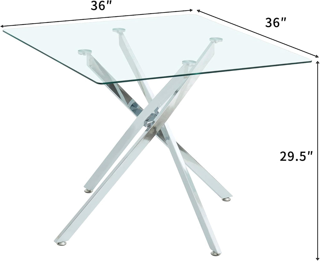 Glass Dining Table,36'' Square Dining Kitchen Table,Modern X-Design Dining Room Table with Silver Metal Base for Dining Room