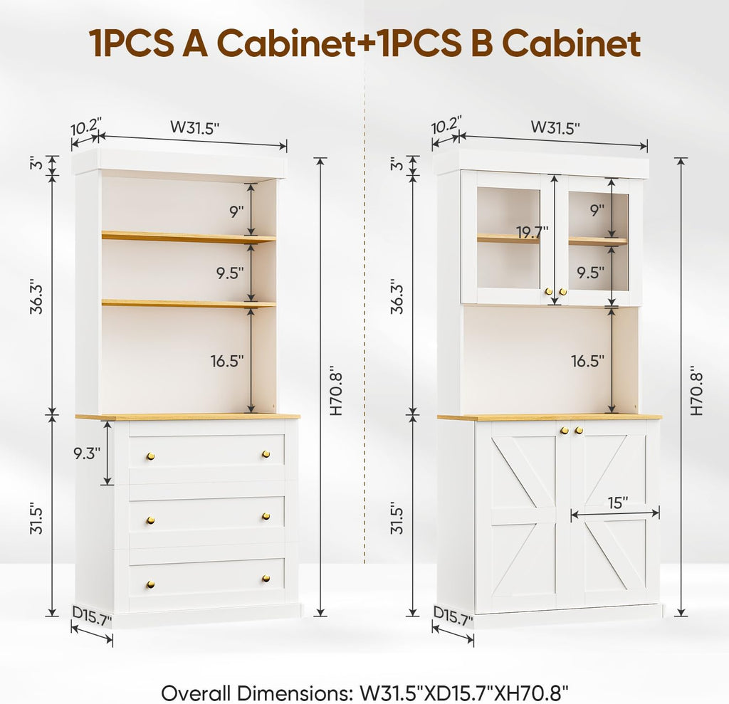 71" White Farmhouse Kitchen Pantry Cabinet Set of 4— Freestanding Coffee Bar with Glass Doors or Drawers, Microwave Stand, Large Storage Hutch with Adjustable Shelves for Kitchen, Living Room