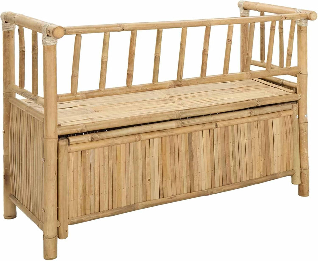 Garden Storage Bench 110 x 47 x 80 cm Bamboo Natural | Post Leg Design, Indoor Outdoor Use, Hidden Storage Under Seat, Easy Assembly Required