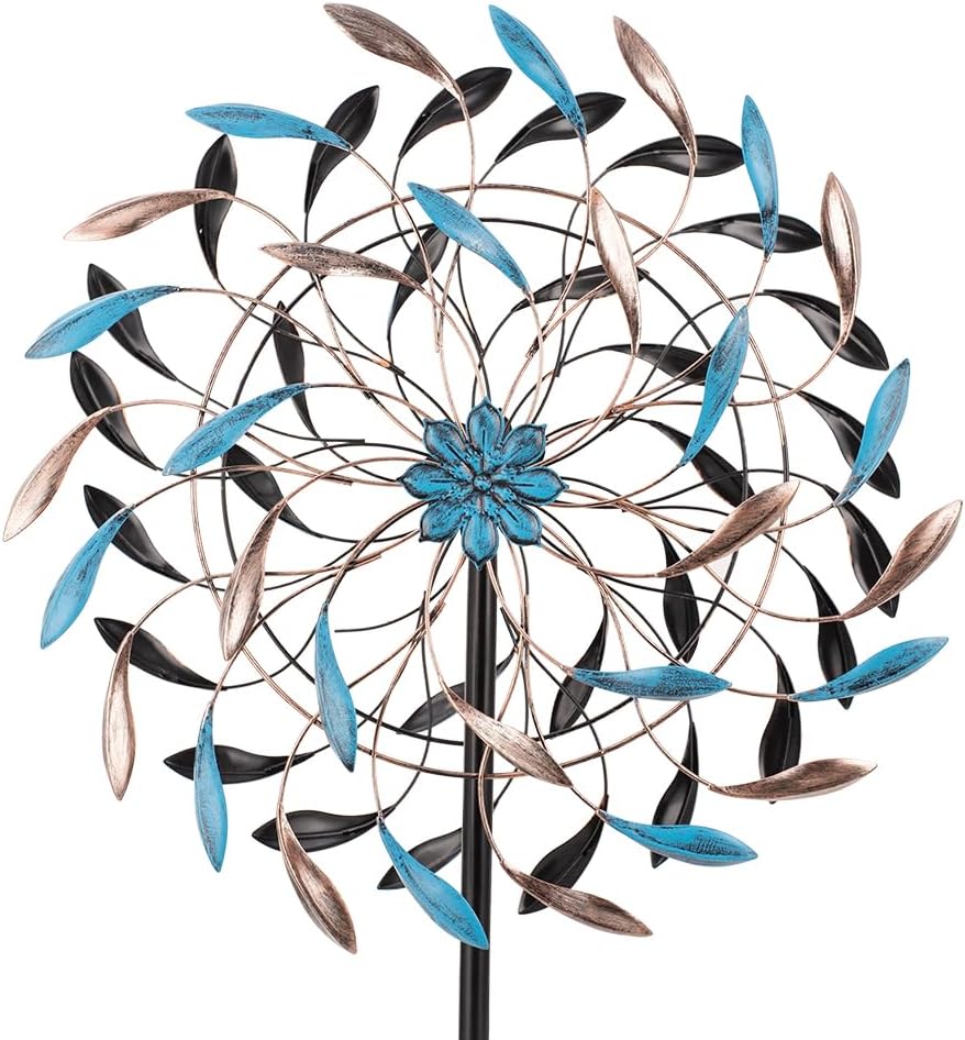 DREAMYSOUL Wind Spinner Outdoor, 23" Dia Metal Windmills with Blue and Copper Leaves, Kinetic Wind Spinners & Sculpture for Yard and Garden