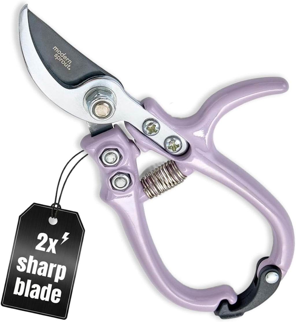 Modern Sprout Hand Pruners - Lightweight Pruning Shears W/Easy Lock- Gardening Scissors - Bypass Sharp Carbon Steel Blade - Rust Resistant - Garden Tools - Reusable Holster - Lavender
