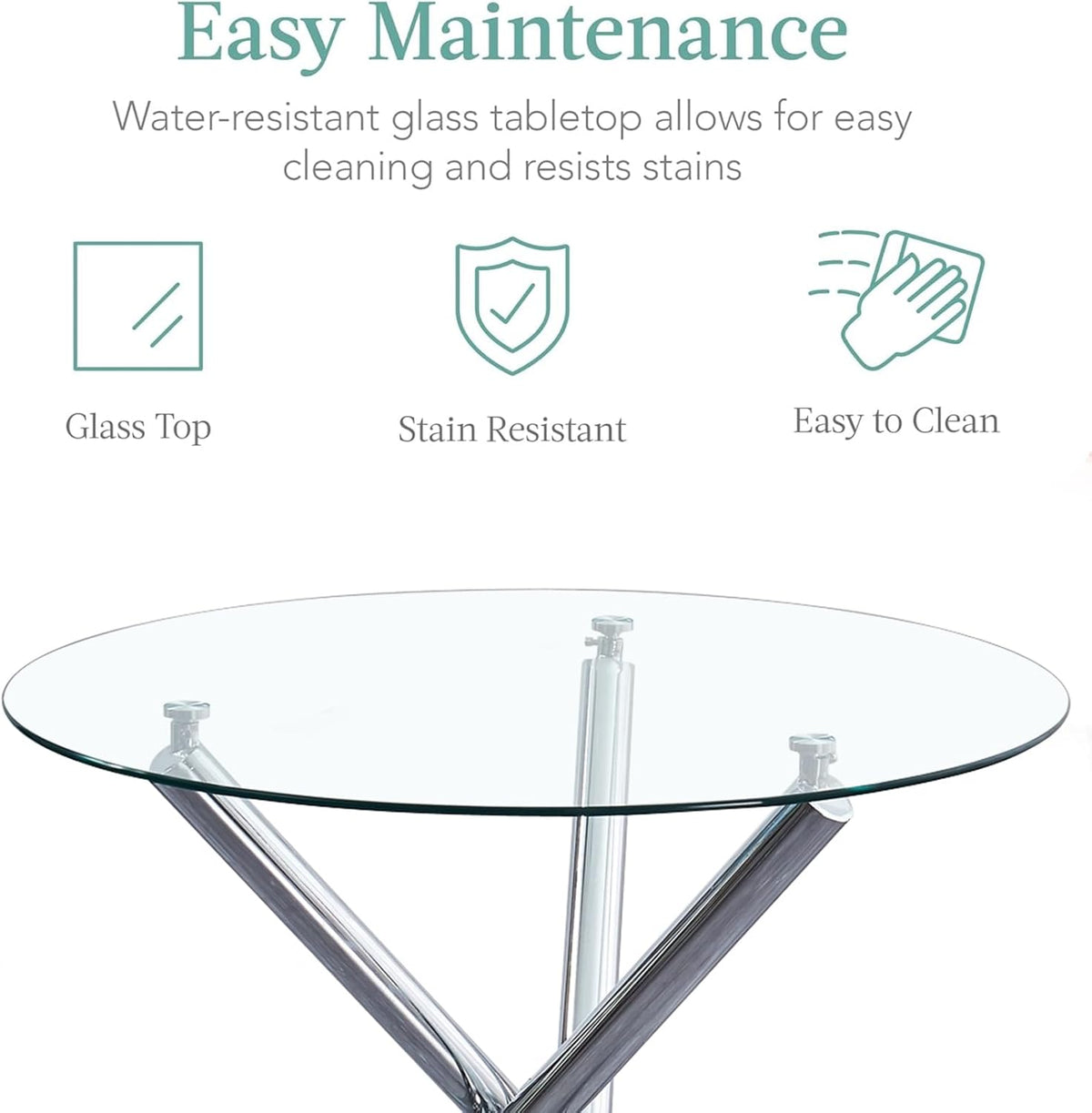 Round Glass Dining Room Set for 4 Modern Clear Silver Kitchen Table and Faux Leather Grayish Chairs Set Compact 5-Pieces Dining Table with Chair Set for Small Space/Apartment