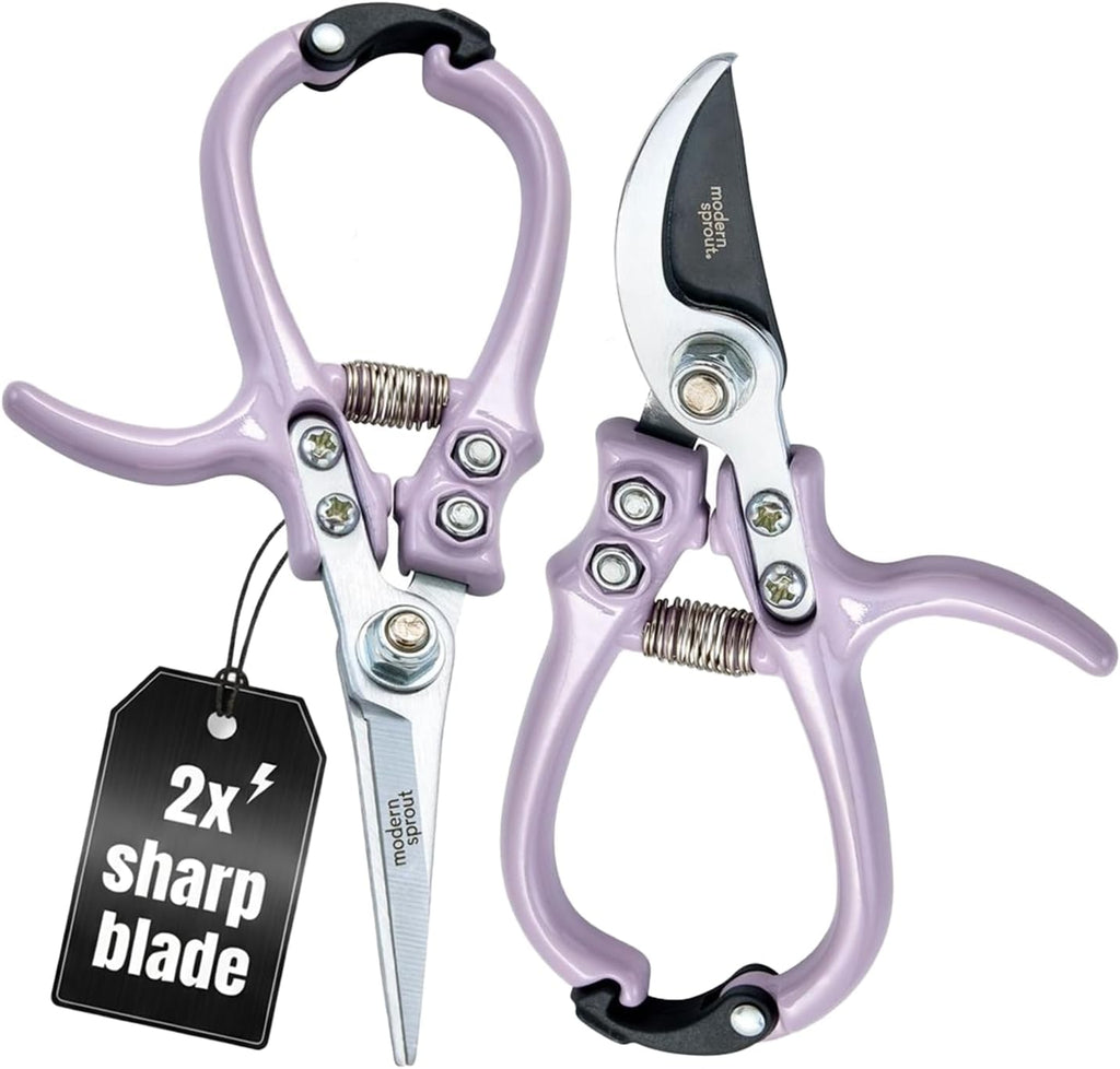 Modern Sprout Hand Pruners & Shears Set with Blister Pack - Lightweight Gardening Tools with Easy Lock - Sharp Carbon Steel Blades -Rust Resistant Scissors for Herbs, Flowers - Lavender