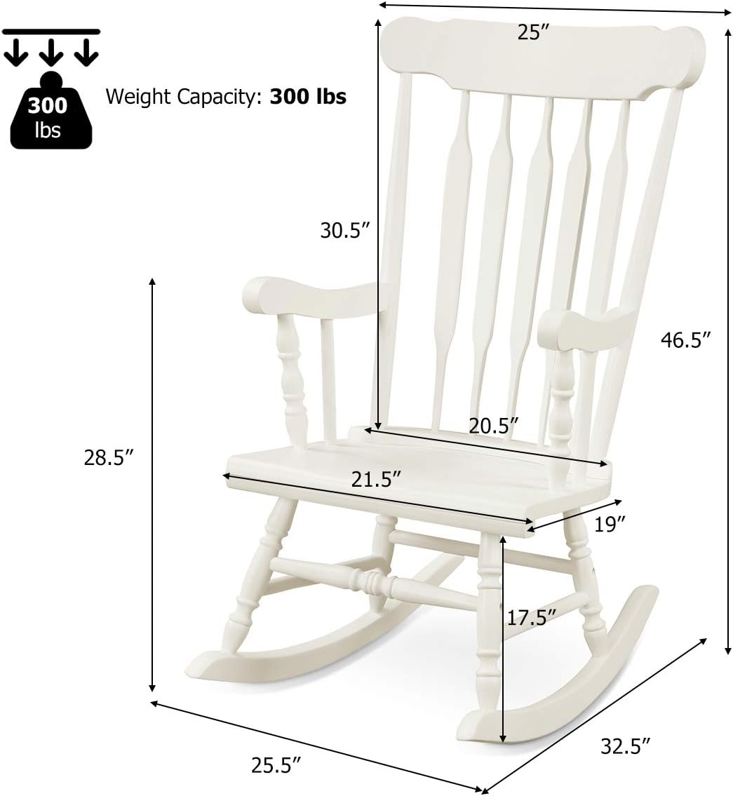 Giantex Outdoor Wood Rocking Chair - Patio Rocking Chair with Solid Rubber Wood Frame, Slat Back, Outside & Indoor Rocker for Garden, Poolside, Balcony, Backyard, Lawn, Front Porch Rocker, White