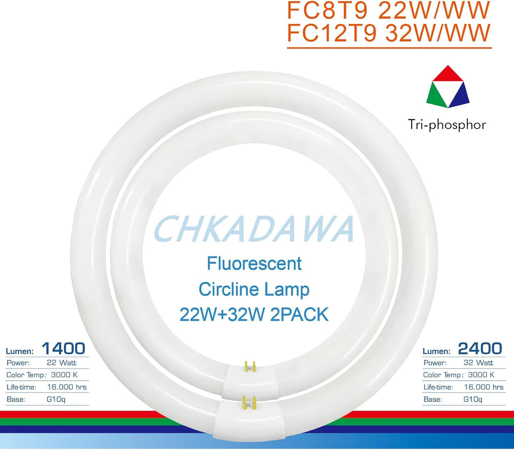 FC8T9/KB 22W and FC12T9/KB 32W Warm White Set, Round Fluorescent 8 inch T9 22 Watts & Circular Light Bulbs 12 inch 32 Watts Pack, Circline Kitchen and Bath Ceiling Fan Bulb, 3000K, G10q Prong