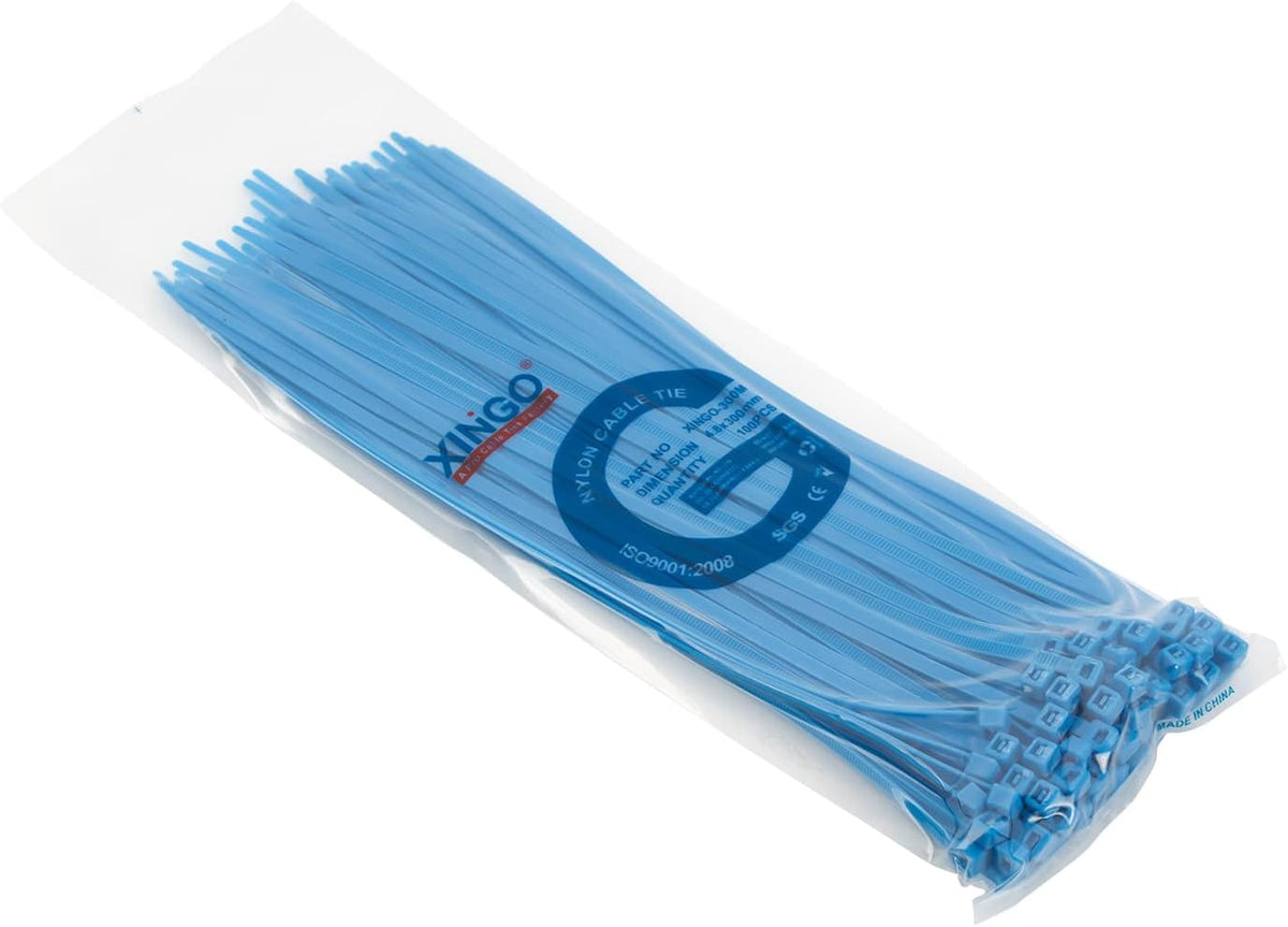 XINGO 100PCS Cable Zip Ties Heavy Duty, Premium Nylon Plastic Wire Ties with 50 Pounds Tensile Strength, Self-Locking Black Nylon Zip Ties for Indoor and Outdoor (12 inch, Blue)