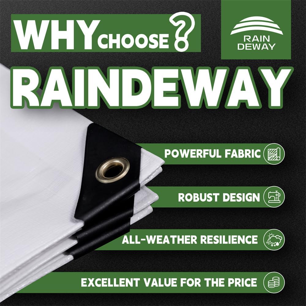RAINDEWAY 12 Mil Heavy Duty White Tarp 20x30 Feet, UV Resistant, Waterproof, Weatherproof Poly Tarp with Metal Grommets and Reinforced Edges