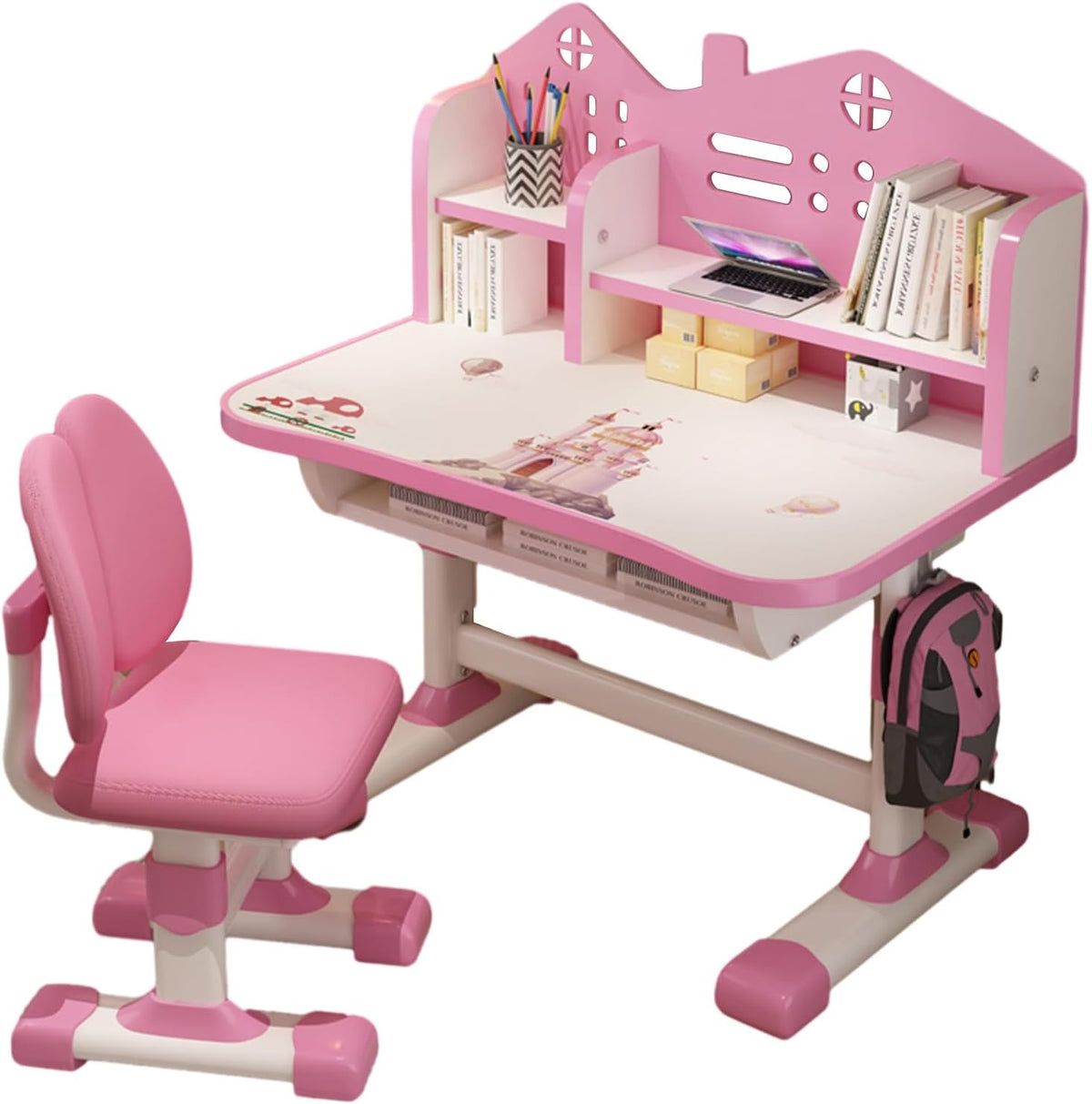 Kids Desk and Chair Set, Height Adjustable Study Table for Home and School | Study Writing Desk With Widened Desktop, Bookstand, Storage Drawer and Ergonomic Chair for Boys and Girls. Pink