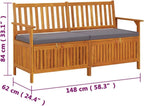 Storage Bench with Cushion Solid Wood Acacia 58.3" Durable Patio Furniture Outdoor Bench Seat for Garden Porch Front Porch Furniture with Ample Storage Space
