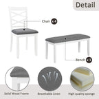 Merax 6-Piece Modern Dining Table Set with Chairs and Bench, Wood Kitchen Table Set for 4-6, Rectangular Kitchen Dining Table for Dining Room, Kitchen, Small Apartment, White+Gray