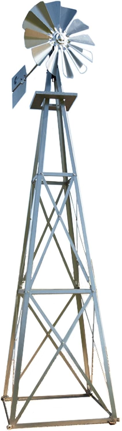 Decorative Backyard Windmill – Galvanized Finish – Durable Weather-Resistant 4-Leg Tower with Anchoring Stakes – Lawn & Garden Yard Décor – 8ft 3in Outdoor Windmill
