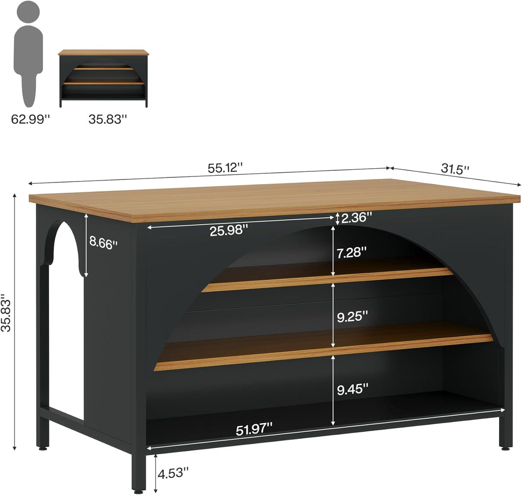 Tribesigns Kitchen Island with 3 Storage Shelves, 55" W Kitchen Shelf with Large Countertop and Seating Area, Modern Wooden Coffee Bar Table (Black)