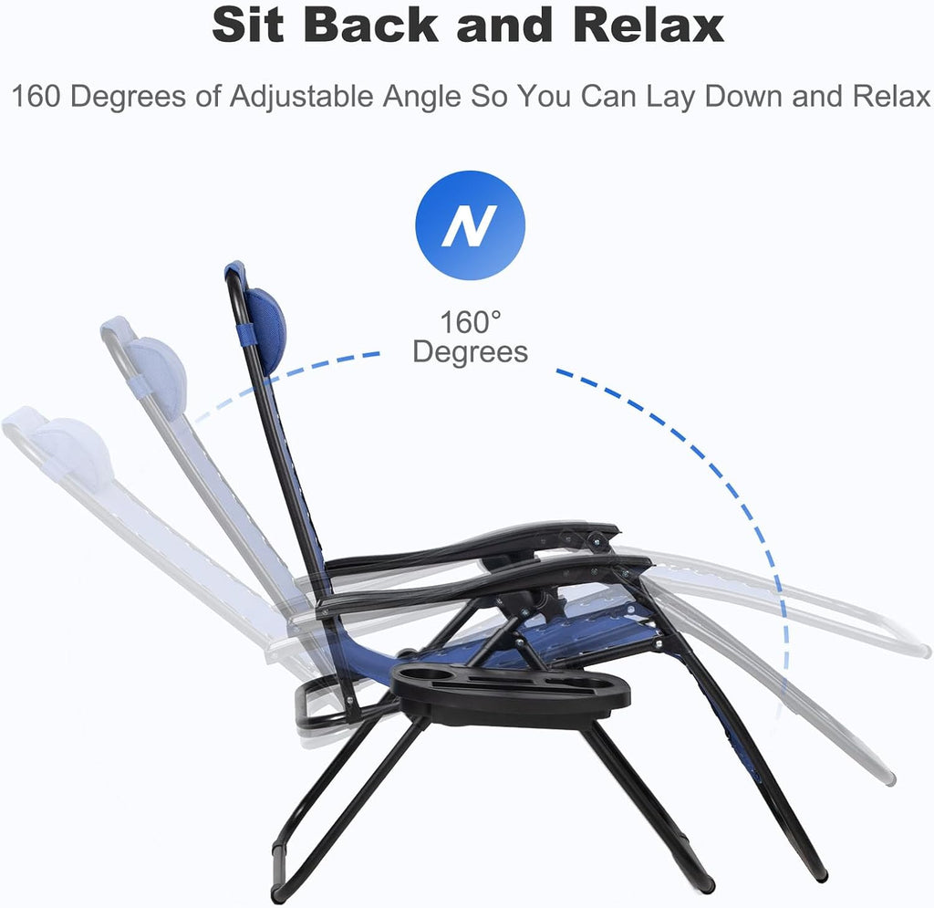 Nazhura Set of 2 Relaxing Recliners Patio Chairs Adjustable Steel Mesh Zero Gravity Lounge Chair Beach Chairs with Pillow and Cup Holder (Blue)
