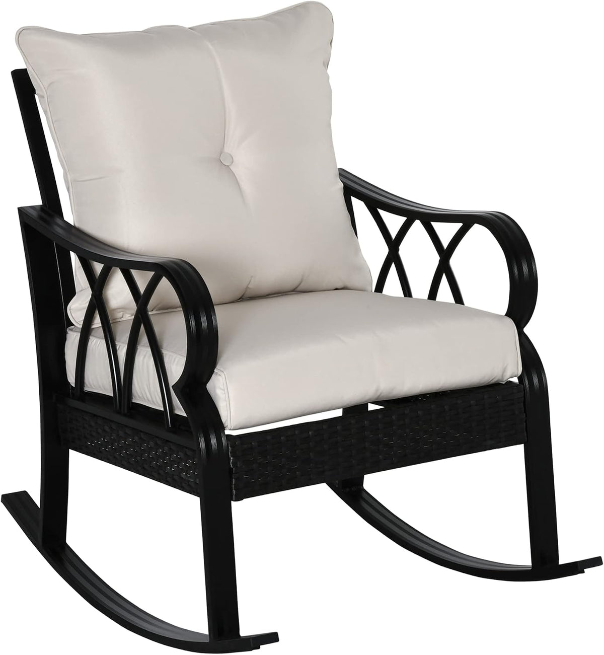 Outsunny Outdoor Wicker Rocking Chair with Padded Cushions, Aluminum Furniture Rattan Porch Rocker Chair w/Armrest for Garden, Patio, and Backyard, Khaki