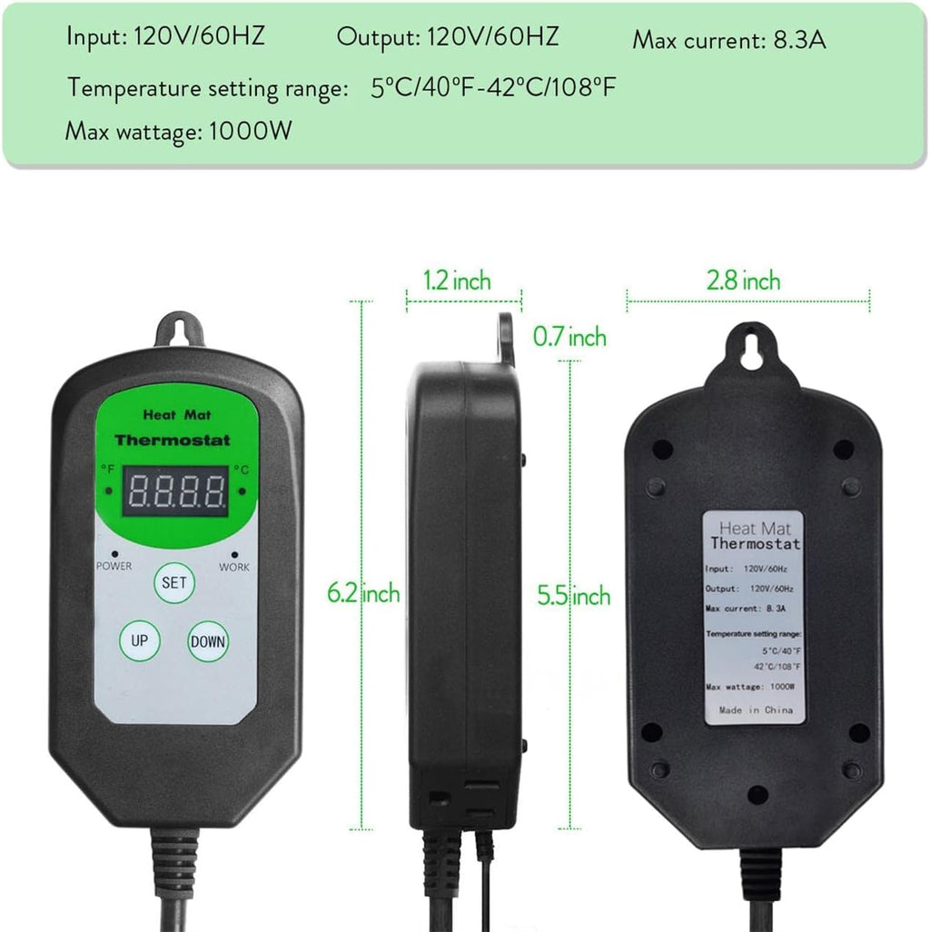 Digital Heat Mat Thermostat Temperature Controller (EMC Certified) for Seed Germination, Reptiles and Brewing Breeding Incubation Greenhouse, 42 °F to 108 °F/ 5 ℃ to 40 ℃, 1000W