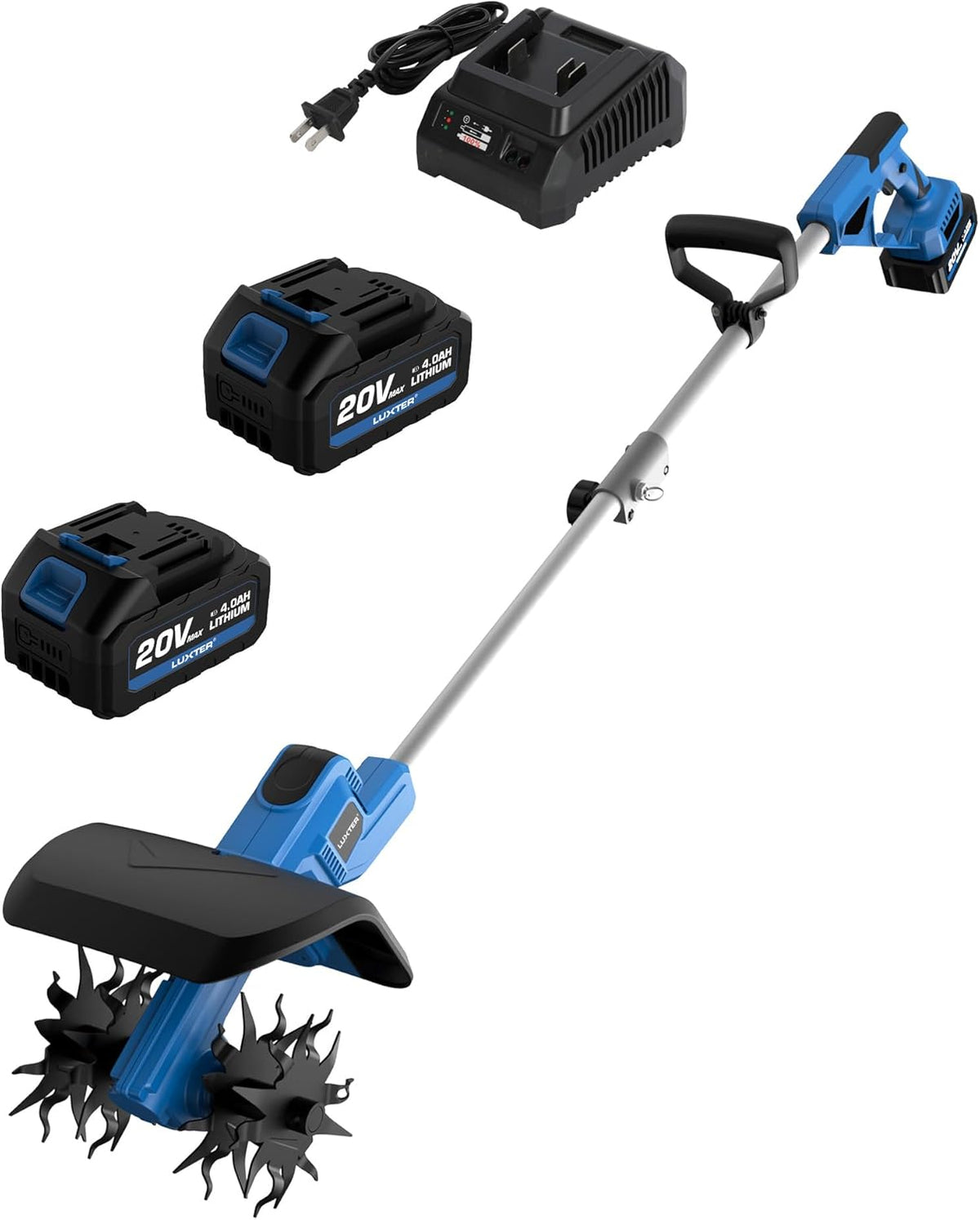 LUXTER 20V Cordless Tiller for Gardening 8.6 Inch Electric Garden Cultivator with 48 Steel Tines Lightweight Cultivators 2×4.0AH Batteries & Fast Charger for Smooth Ground Breaking,Tending,Composting