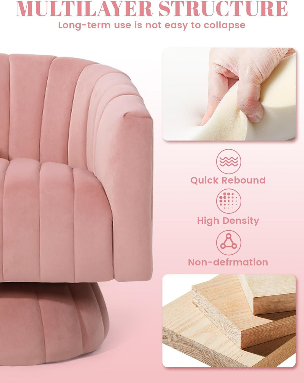 Kromax Swivel Accent Chair, Mid Century 360 Degree Barrel Chair with Armrest, Overstuffed Tufted Velvet, Ideal for Living Room, Bedroom, Reading Room, Light Pink