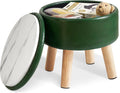 IBUYKE 13 Inch Foot Stool Ottoman with Storage, Round Small Foot Rest with Padded Seat and Wood Legs, PU Faux Leather Mini Footstool for Living Room Couch Bedroom Entryway, Dark-Green WBD023GR