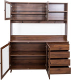 KEIKI 75" H x 63" W Kitchen Pantry Storage Cabinet with Countertop, Glass Doors, Drawers, Microwave Stand and Shelves, Tall Freestanding Wood Hutch Food Pantries Cupboard for Coffee Bar, Dining Room