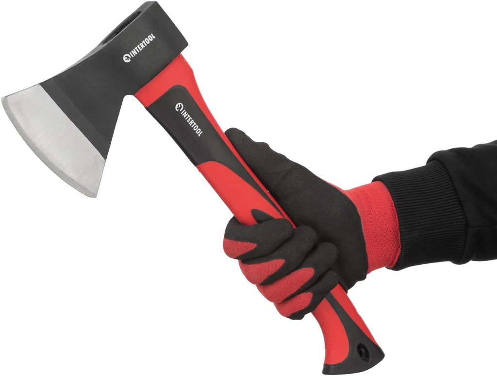 INTERTOOL 15” Camping Hatchet Axe – Compact Wood Splitting Tool with Fiberglass Shock-Resistant Handle, Small Axe for Chopping Firewood, Kindling, and Survival Gear – HT-0262