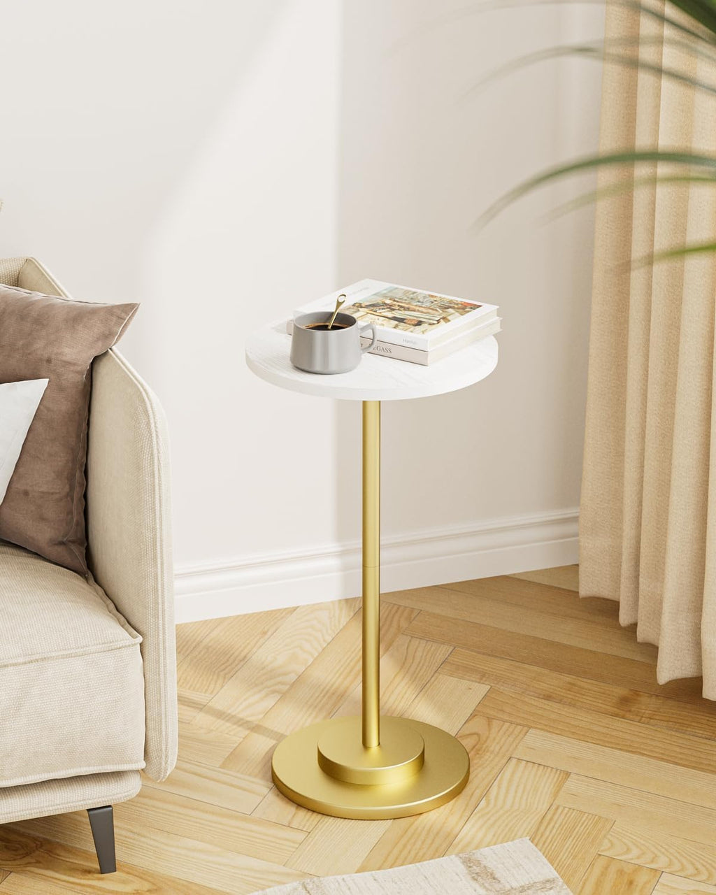 Masupu Drink Table, Round Side Table for Small Spaces, Pedestal Side Table, Small End Table with Metal Base, for Living Room, Bedroom, Bathroom, White Gold