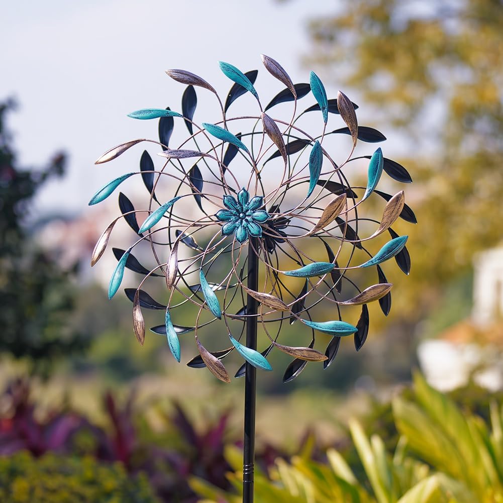 DREAMYSOUL Wind Spinner Outdoor, 23" Dia Metal Windmills with Blue and Copper Leaves, Kinetic Wind Spinners & Sculpture for Yard and Garden