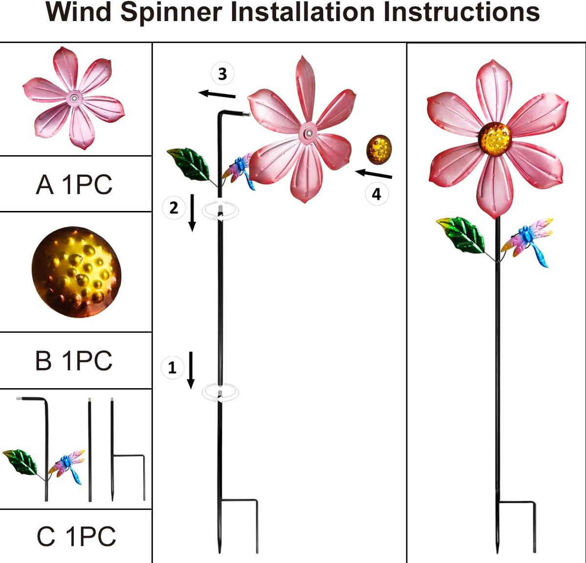 Metal Outdoor Flower Wind Spinner with Pink Floral & Gold Dragonfly, Decorative Kinetic Wind Sculpture for Yard, Garden, Patio, Lawn - Vibran Garden Art & Lawn Ornament for Outdoor Decor