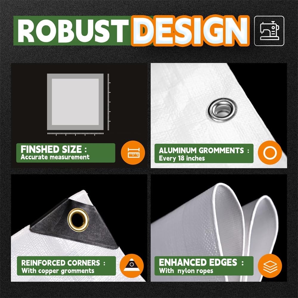 RAINDEWAY 12 Mil Heavy Duty White Tarp 12x20 Feet, UV Resistant, Waterproof, Weatherproof Poly Tarp with Metal Grommets and Reinforced Edges