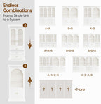 71" Arched Kitchen Modern Pantry Storage Cabinet, Tall Display Cabinet for Dining Room and Living Room with 1 Glass Door and 1 Open Shelf Cabinet with Drawers, White with Gold Handles, 2 of Set