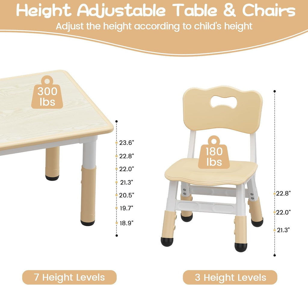 Kids Table and 6 Chairs Set, Adjustable Study Activity Table Ages 2-10